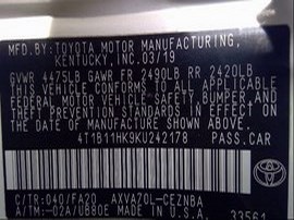 2019 TOYOTA CAMRY WHITE LE, 2.5L, AT.  Z24878